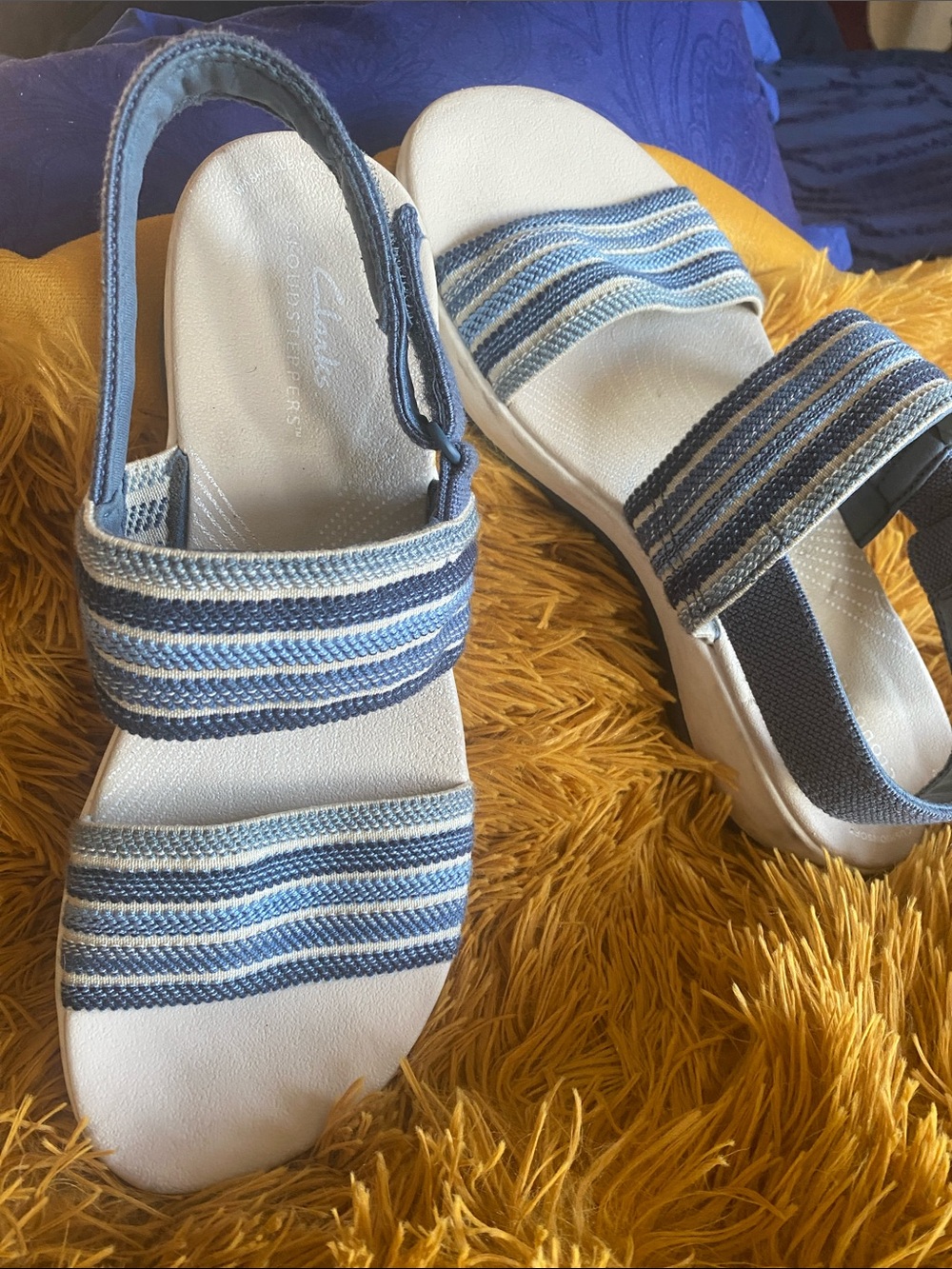 Clarks Women’s Blue and White Striped Slingback Sandals